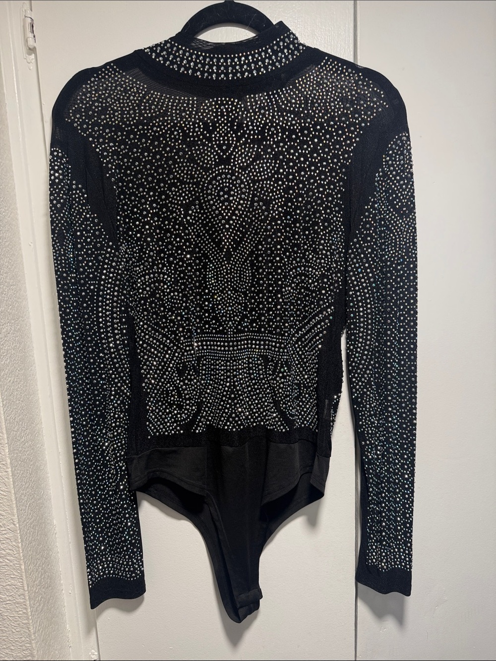 Black Long Sleeve Rhinestone Mesh Bodysuit